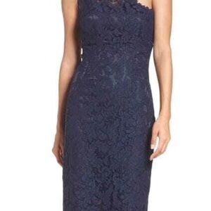 Eliza J Navy One-Shoulder Floral Lace Sheath Cocktail Dress